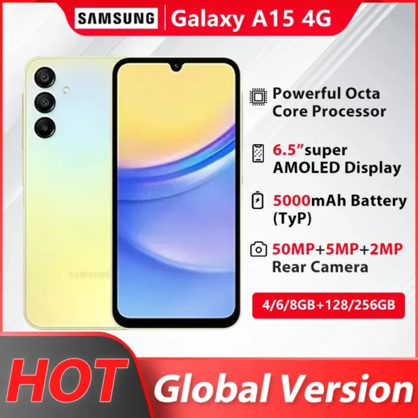 Samsung Galaxy A15 Smartphone Octa Core 6.5'' 90Hz AMOLED Screen 50MP Triple Camera 5000mAh Battery Mobile Phone 4G NFC 1