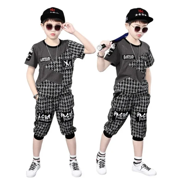 2024 Summer Kids Clothes Sets For Boys 4 6 8 10 12 Year Fashion Splicing Short Sleeve Tops & Pants School Children Sport Suit 4