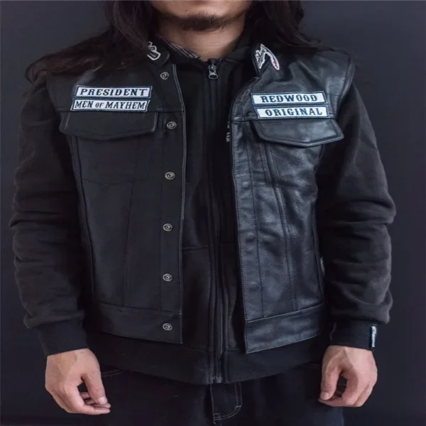 Sons Of Anarchy Embroidery Leather Rock Punk Vest Cosplay Costume Black Color Motorcycle Sleeveless Jacket 6