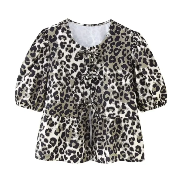 Summer Shirt With Strap Lace-up Leopard Blouse Puff Sleeve Crop Top Women's Summer Clothing 1