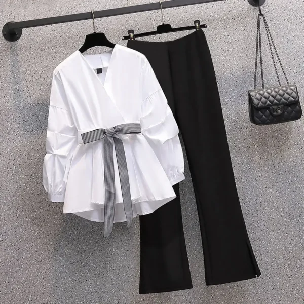 Large Women's Wear Spring and Summer 2024New Slim High Sense Korean Fashion Shirt Two-piece Elegant Women's Pants Set 6