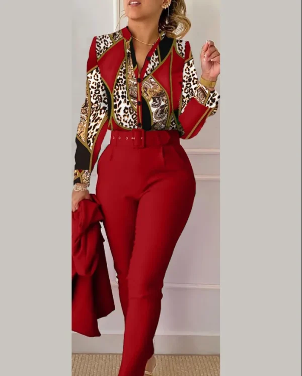 Elegant Long Sleeve Shirt Pants Set Office Lady Spring Autumn V Neck Floral Print Trousers Two Piece Set Women Outfit 2023 3