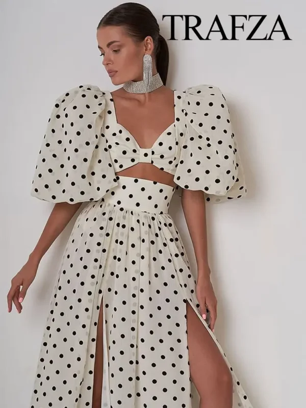 TRAFZA 2024 Female Spring Polka Dots Printed Suit Cropped Short Sleeves Square Neck Top Slit High Waist Chic Skirt Vintage Suit 1