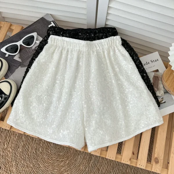 Women Shiny Sequin Elastic Waist Thin A line Wide Leg Pants Shorts 2023 Summer New Casual Chic Fashion Versatile Pants 2