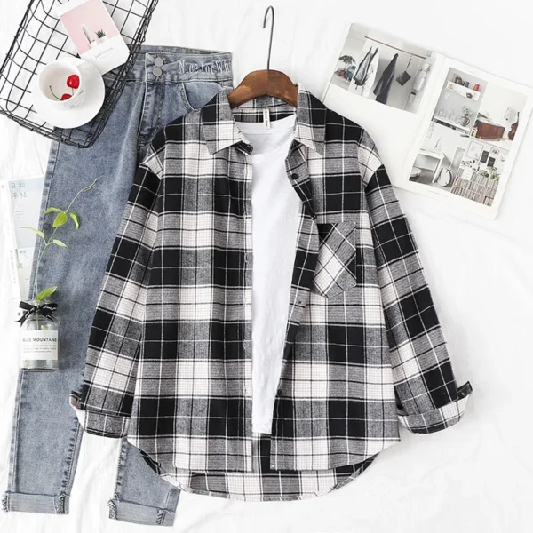 Exquisite Flannel Plaid Shirt Women 2024 New Spring Autumn New Womens Casual Loose Long Sleeve Blouse and Tops Clothes Blusas 6