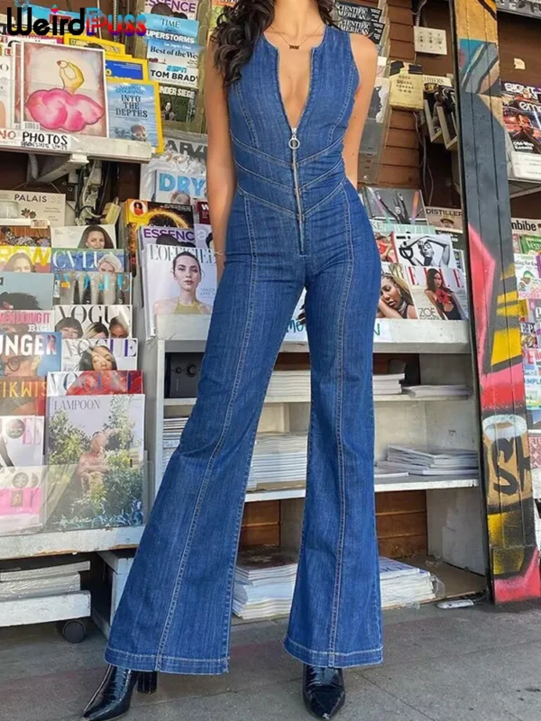 Weird Puss Denim Elegant Jumpsuit Women Zipper Heart Backless High Waist Straight-Leg Streetwear Trend Skinny Workout Overalls 3