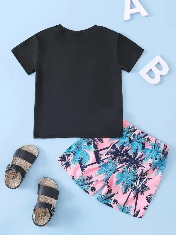 2pcs Boys T-Shirts Pocket Patchwork Short Sleeve Tees Top & Elastic Waist Coconut Tree Print Beach Shorts Set Kids Summer 2