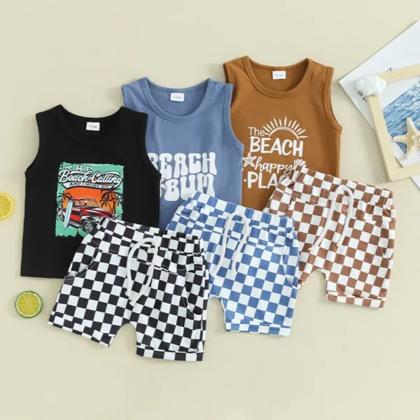 Lioraitiin Toddler Boys Summer Outfits Letter Car Print Sleeveless Tank Tops and Checkerboard Elastic Waist Shorts Clothes Set 1