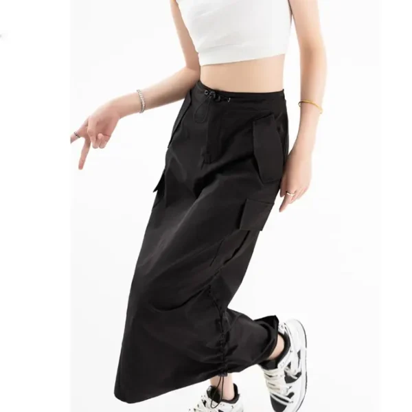 American Retro Cargo Skirt for Women Summer Slit Design Drawstring High Waist Mid-length Skirt Y2k Streetwear Fashion Clothing 4