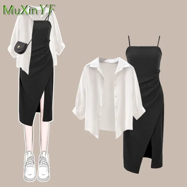 Women's Summer Dress Matching Set 2023 New Fashion Chiffon Sunscreen Shirt Slip Skirt Two-piece Korean Elegant Chic Blouse Suit 4