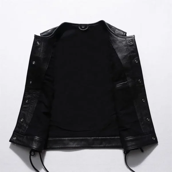 2024 New Spring Men Geniune Cowhide Leather Coats Fashion Casual Black Motorcycle Fleet Punk Vest Jackets Drawstring Hem Vests 2