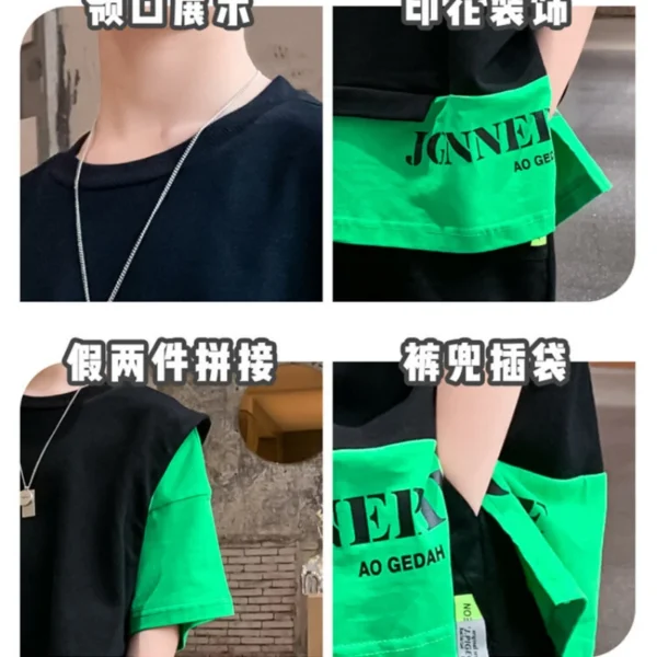 Kids Clothes Boy Contrast Sleeve Fake Two Pieces T-Shirt & Shorts 2 Pieces Set Teenage Summer Street Wear Letter Tracksuit 4