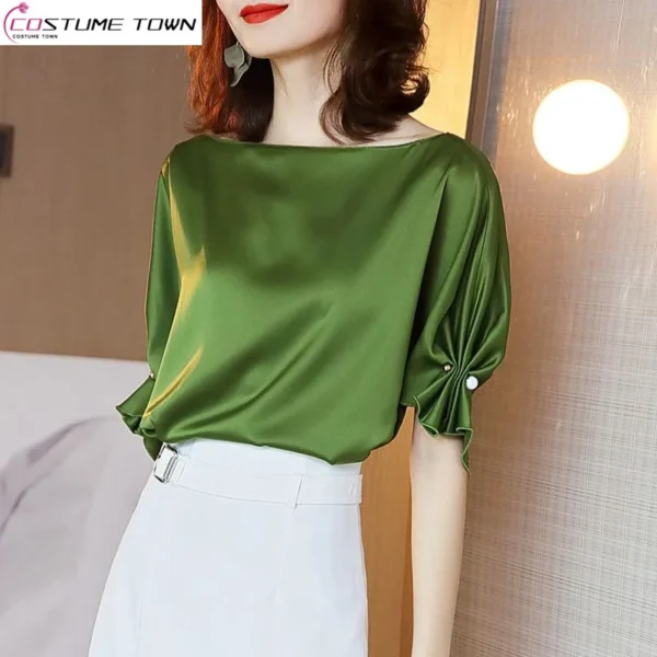 Spring and Summer 2023 New Light Luxury Drape Shirt Mercerized Satin Acetate Fabric Top Short Sleeve Loose and Thin 1