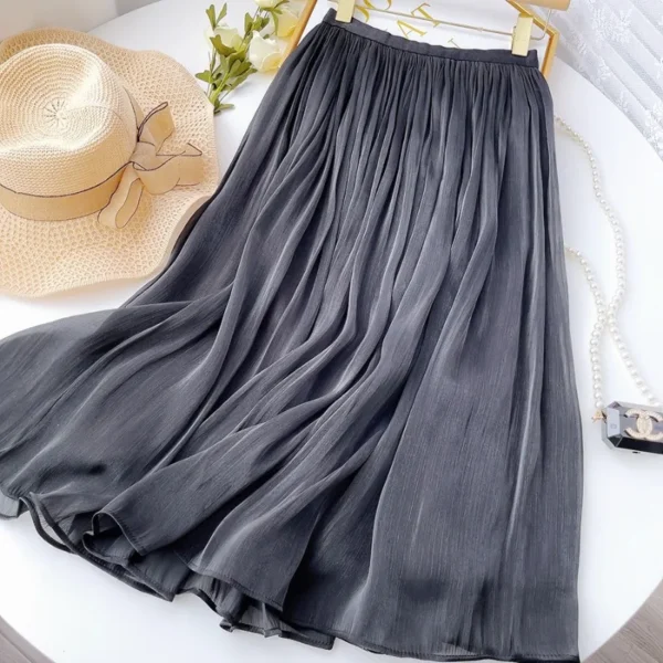 Solid Color Casual Midi Skirt 2024 Spring Summer Fashion Women's Elastic Waist Mesh Skirt Female Elegant Pleated A-Line Dress 2