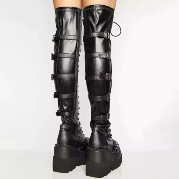 Women's Thigh High Boots Black Punk Gothic Woman Sexy Long Boots Large Size Women Platform Shoes Leather Knight Boots Wedges 4