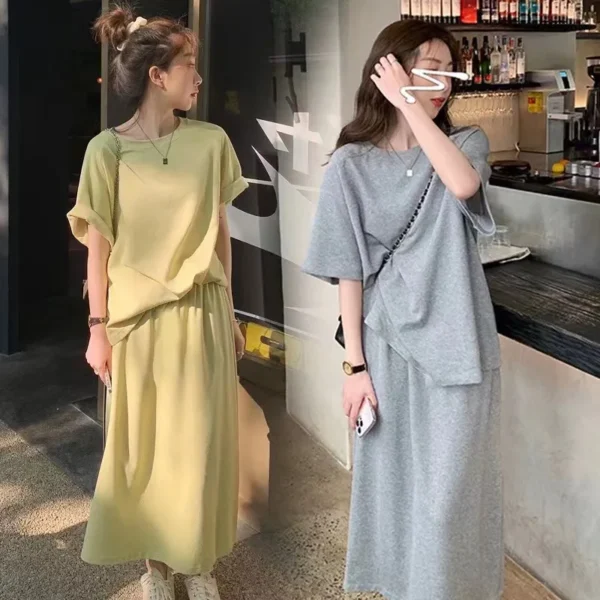 2024 Summer Women Clothing Sets Short Sleeve T-shirt+Dress 2Pcs Suits Solid Color Ladies Casual Loose Outfits Fashion Streetwear 1