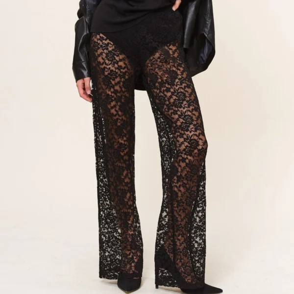 Sexy Women Sheer Lace Pants Transparent Gothic High Waist Wide Leg Flare Pants Ladies Bell-Bottoms Trousers Club Streetwear 1