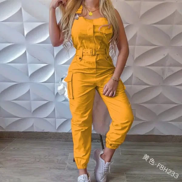 2021 New Style Women Solid Color Cargo Jumpsuit with Waistband Square Collar Sleeveless Overalls Plus Size S-XXXL 4