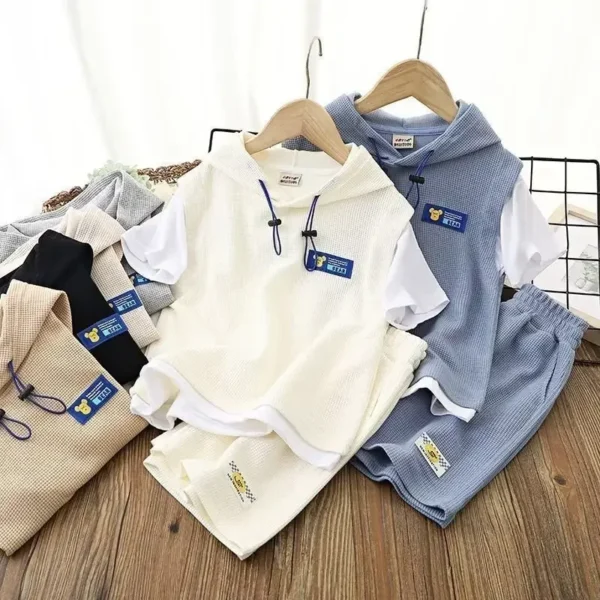 Baby Boy Clothes Set Summer Hoodies T-shirts and Shorts Suit Children Girls Waffle Patchwork Top Bottom 2pcs Outfits Tracksuit 1