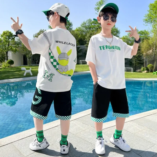 Summer Boys Cotton Alphabet Cartoon T-Shirt Tops+Patchwork Plaid Shorts Pant Set School Kids Tracksuit Child 2PCS Outfit 5-14Yr 3