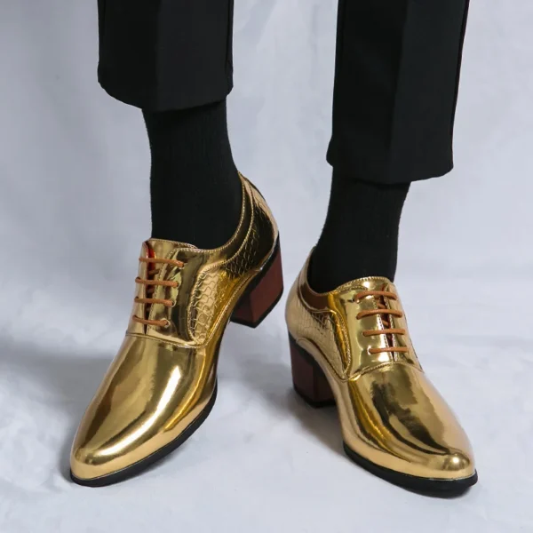 New 2023 Luxury Gold Men High Heel Leather Shoes Moccasins Designer Pointed Dress Shoes Men Wedding Formal Shoes Big Size 46 5