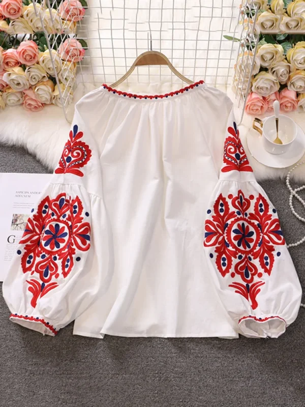 EWQ Sweet Style Women Pullover Shirts Embroidery Patchwork Bandage V-neck Lantern Sleeve Spring Summer 2023 New Blouse SN0452 2