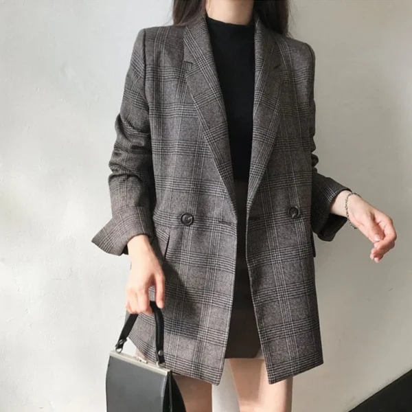 Women Winter Plaid Blazers Coats Korean Fashion Elegant Solid Thick Jacket Female Double Breasted Office Lady Long Overcoat 2