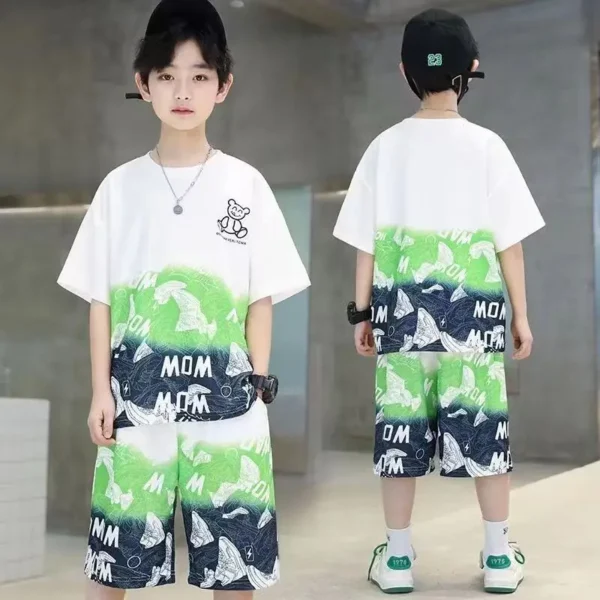 Boys Summer 2024New Cotton Fashion Sports Suits Astronaut Rabbit Print Shorts Sleeve Sets 5-14Years Boys Streetwear Outfits Set 3