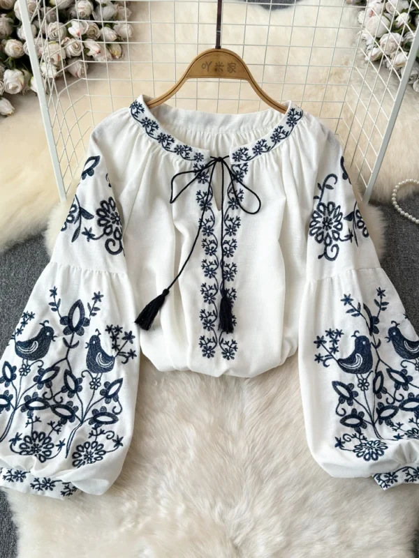 EWQ Embroidered Design Loose Blouse Women Lace-up Collar Lantern Sleeves Fashion Tops Bohemian Style 2024 Summer New 27C238 3