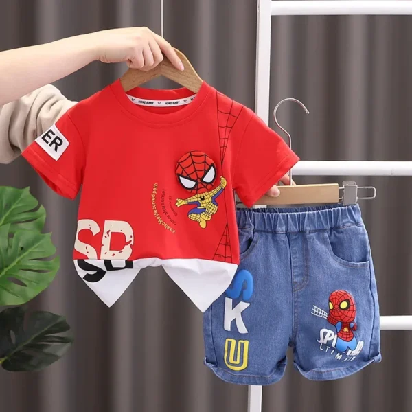 2024 Summer Baby Boys Spiderman Short Sleeve T-shirt+Jeans Sets Clothes Kids Fashion Clothing Outfits Children Sports Suits 1