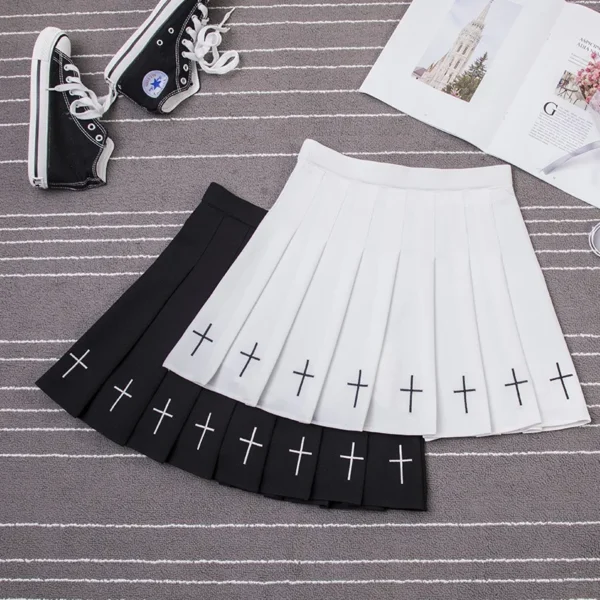 Women Harajuku Sweet Fresh Feeling High Waist Pleated Skirt Elastic Waist Cross Embroidery Skirt Pleated Skirt 2