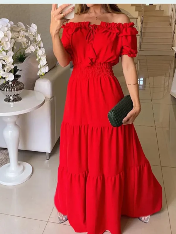 Elegant Solid Color Puff Short Sleeve Women Dress Ruffles Ong Shoulder Elastic Waistband Dresses Boho Style Robe Femme Vestidos 5