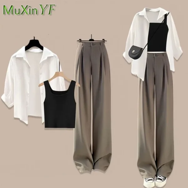 Women's 2024 Spring/Summer New in Matching Set Korean Elegant Casual Sunscreen Shirt+Vest+Suit Wide Leg Pants Three Piece Suit 3