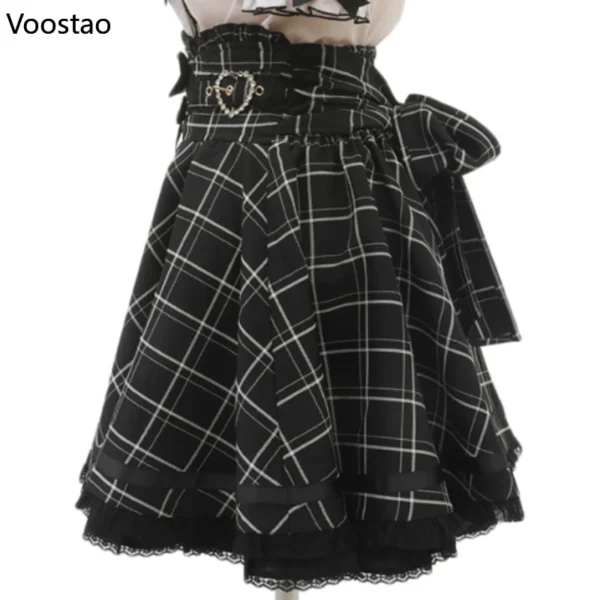 Gothic Lolita Ribbon Double Bow High Waist Skirt Women Sweet Pearl Buckle Lace Pleated Skirt Japanese Cute A-Line Mini Skirts 5