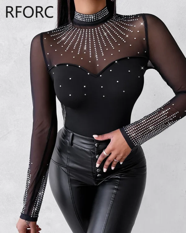 2023 Women Sexy Solid Long Sleeves Contrast Mesh Patch Rhinestone Decor Bodysuits 3