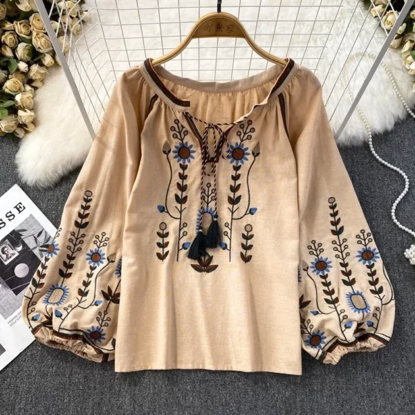 Autumn Casual Women Blouse Fashion V-neck Long Lantern Sleeve Embroidery Shirts Vintage Minority Ladies Tops Dropshipping 4