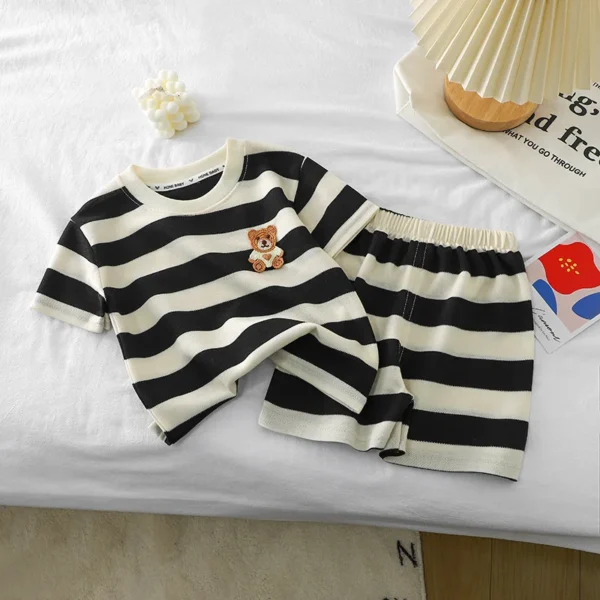 Children's Clothing Sets Bear Decorated Striped Short Sleeve Top + Shorts 2pcs Kids Clothes Boys Boys Outfits for 1 To 6 Years 1