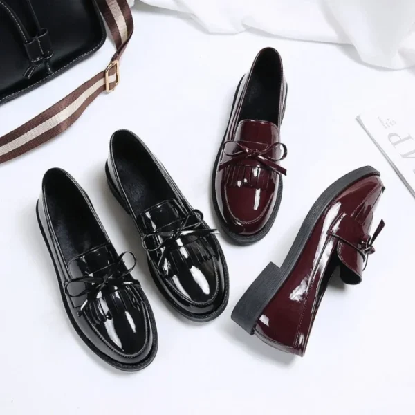 Womens Shoes Patent Leather Women Loafers British Tassel Casual Female Flat Shoes Bowknot Small Leather Shoe Comfortable Zapatos 4