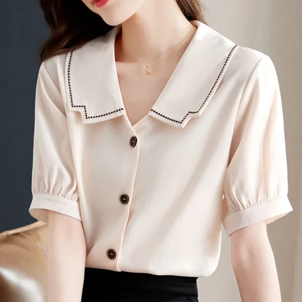 Summer Women's Short Sleeve Doll Neck French Bubble Sleeve Solid Color Simple Commuter Chiffon Shirt Women Tops Blouse A735 2