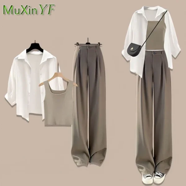 Women's 2024 Spring/Summer New in Matching Set Korean Elegant Casual Sunscreen Shirt+Vest+Suit Wide Leg Pants Three Piece Suit 1