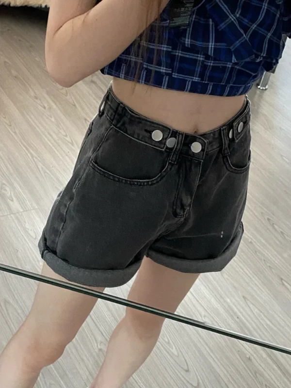 FTLZZ New Summer Women High Waist Button Wigh Leg Jeans Shorts Casual Female Loose Fit Blue Denim Shorts 6