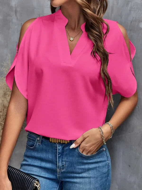 Blusas Elegantes Para Mujer 2024 Elegant Women Shirt V-neck Shirt Off Shoulder Sleeves Solid Color Gauze Office Y2K Summer 2024 4