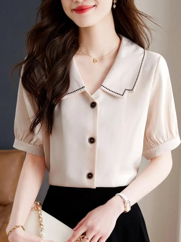 Summer Women's Short Sleeve Doll Neck French Bubble Sleeve Solid Color Simple Commuter Chiffon Shirt Women Tops Blouse A735 5