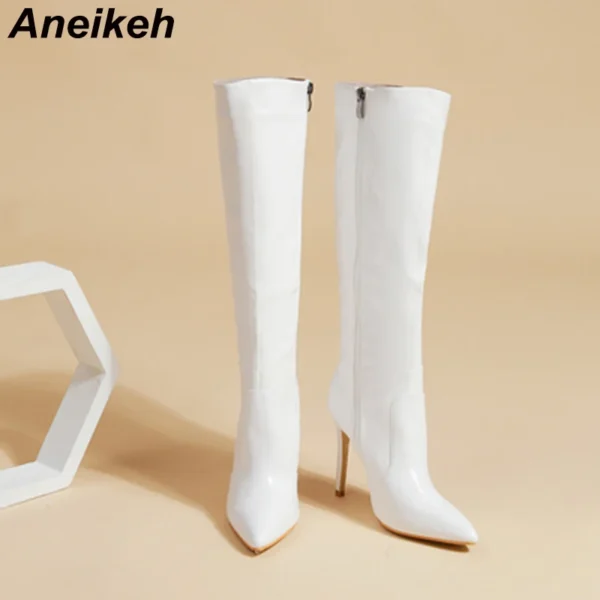 Aneikeh Women's Fashion Elegant Pointed Thin Heel Knee High Long Boots2024 Spring/Autumn PU Panel Side Zipper Boots Western35-42 2