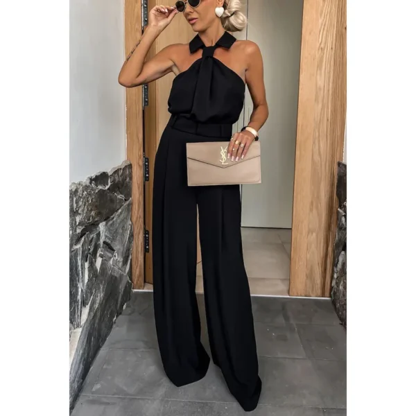 Women Elegant Waist Halter Jumpsuit Casual Tie Sleeveless Wide Leg Long Pant Summer Clothes 2