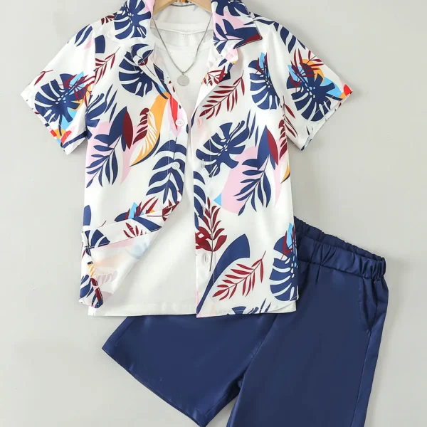 2 Pieces Boy Youth Summer Vacation Casual Gentleman Style with Palm Leaf Print Short Sleeve Shirt Shorts 2 Pieces 1