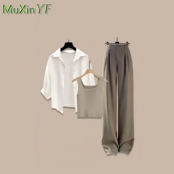 Women's 2024 Spring/Summer New in Matching Set Korean Elegant Casual Sunscreen Shirt+Vest+Suit Wide Leg Pants Three Piece Suit 6