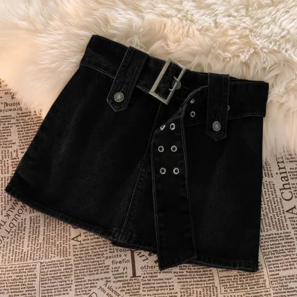 Vintage Women Denim Mini Skirts Summer Solid Belt Sexy Jeans Skirts Female Casual Ball Gown Korean Slim A Line Skirts New 6