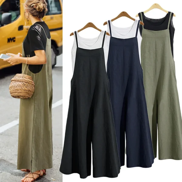 Women Straps Jumpsuit Summer Solid Color Wide Leg Pants Dungaree Bib Overalls Casual Loose Sleeveless Cotton Linen Jumpsuits 5Xl 1