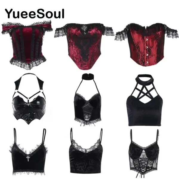 Gothic Crop Tops Black Spaghetti Strap Mesh Slim Corset Tops 2024 New Goth Punk Grunge Fairy Core Sexy Y2K Halloween Clothing 1